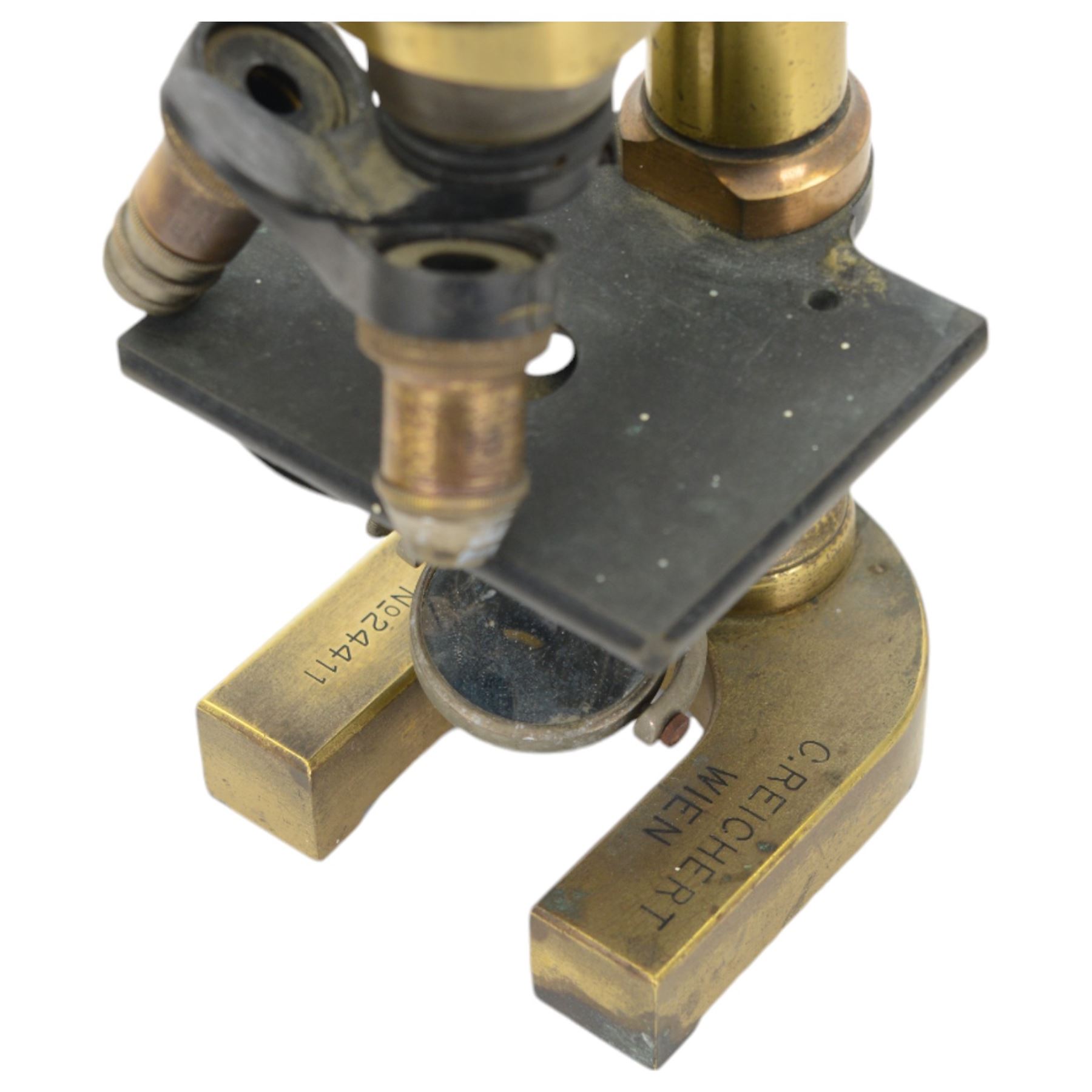 Early 20th century Austrian brass monocular microscope by C Reichert, together with a brass cased pocket barometer by Griffin & George, a WWII TG Co Ltd Mark 1 Magnetic Marching Compass and a drawing set