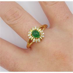 9ct gold cabochon emerald and white zircon cluster ring, hallmarked 