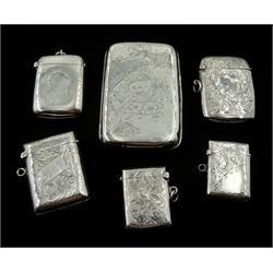Five Victorian and early 20th century silver vesta cases by J & R Griffin, Robert Pringle & Sons, William Neale, Rolason Brothers and Joseph Gloster Ltd and a silver cigarette case, all hallmarked