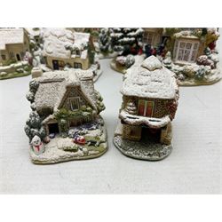 Five Lilliput Lane Illuminated Cottages, comprising Christmas is Coming, with box and deed, Christmas at Mol's, with box and deed, Christmas in Canterbury, with box and deed, Christmas Lights at Sweet Delights and The Three Kings, with box and deeds, together with twelve other Lilliput lanes, to include The First Noel, with box and deed, Winters Moonlight, Yuletide treats, with box and deed etc (17)