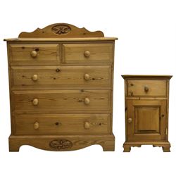 Pine chest of drawers topped with carved