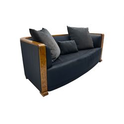 Thörmer Polstermöbel - Art Deco style sofa, of curved tapering form, framed in figured burr elm, upholstered in blue fabric with loose cushions
