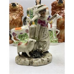 Group of Victorian and later Staffordshire style figures, to include two dogs, Prince upon horse back, horse with pink lustre patches, tall figure of a man beside his dog etc, tallest H41cm