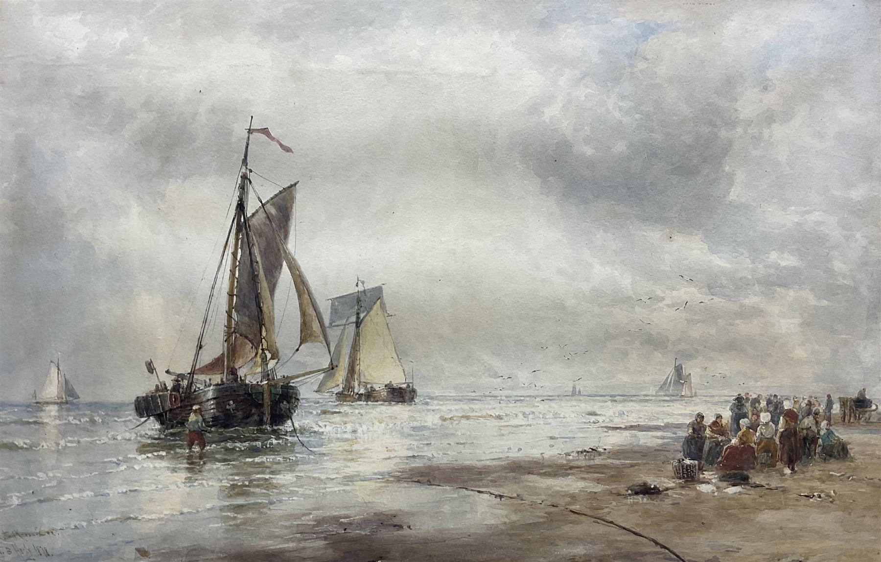Thomas Bush Hardy RA RBA (British 1842-1897): Unloading the Boats at 'Katwijk aan Zee', watercolour signed titled and dated 1878, 32cm x 50cm 