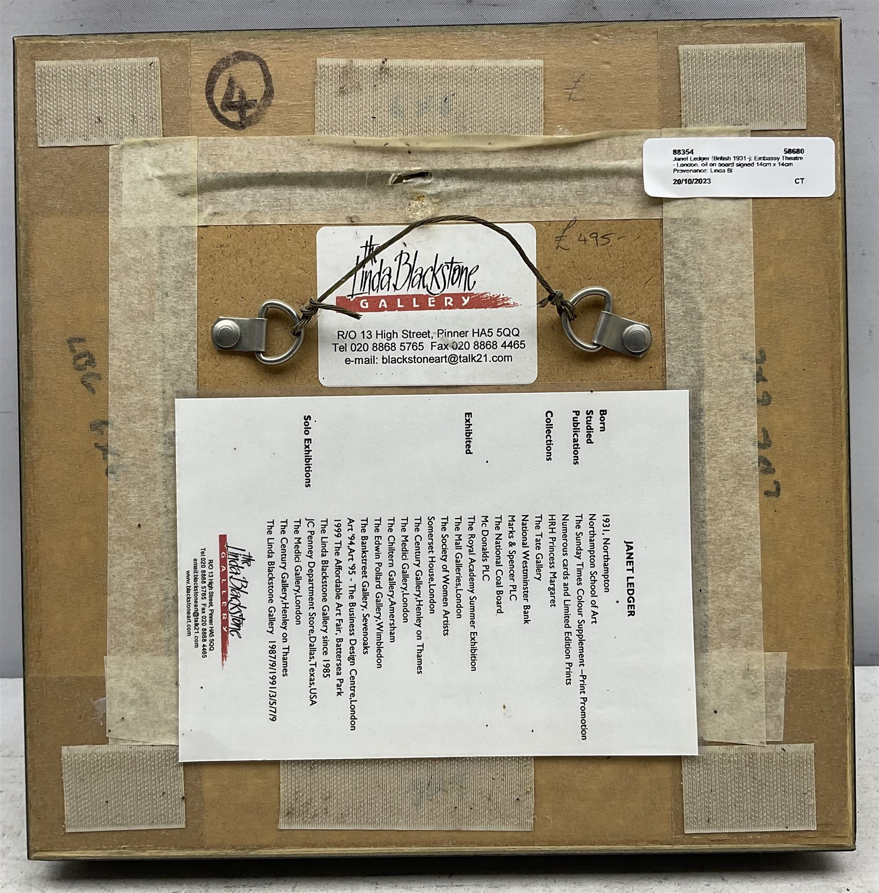 Janet Ledger (British 1931-): 'Embassy Theatre' London, acrylic on board signed 14cm x 14cm 
Provenance: with The Linda Blackstone Gallery, Pinner, label verso