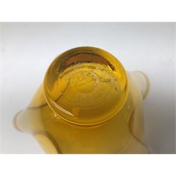 Gillies Jones orange glass bowl with crimped white rim upon a pedestal foot, H11.5cm