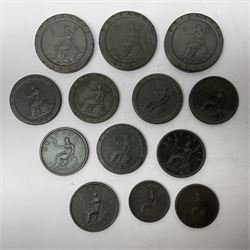 Two George III halfpenny coins dated 1799 and 1806, four pennies dated three 1806 and 1807, four 1797 cartwheel pennies and three 1797 cartwheel two pence coins