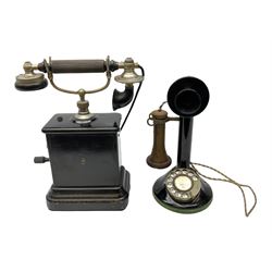 Early 20th century Danish wind up pillar telephone, together with a candlestick telephone with brass dial, wind up telephone H33cm 