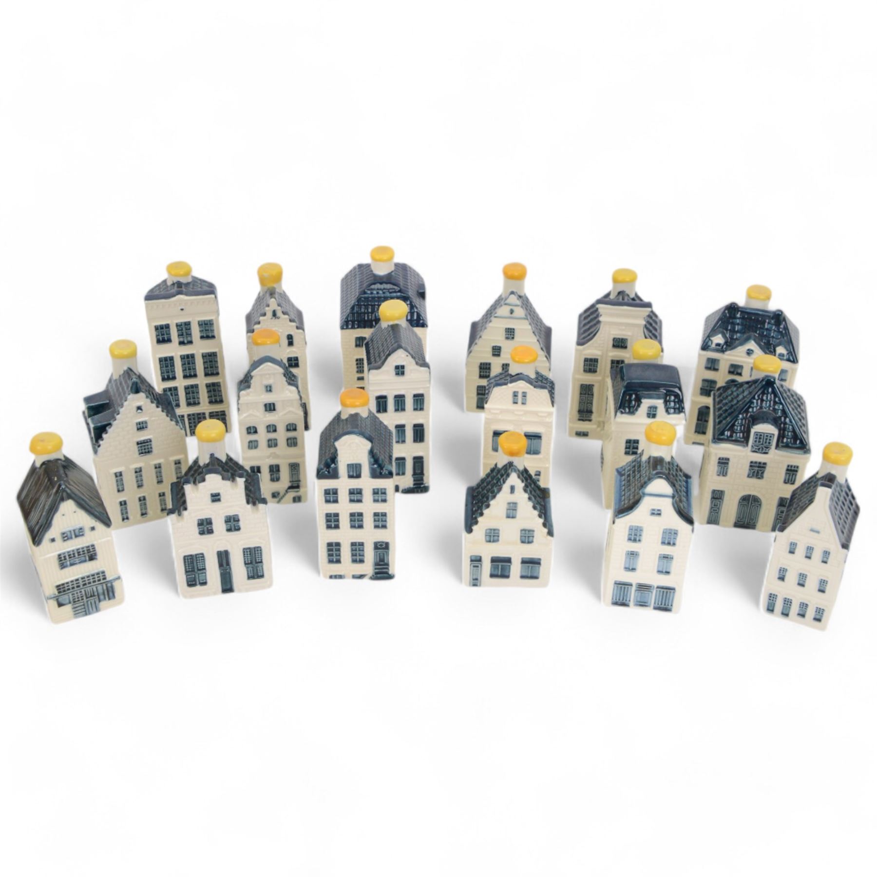 Eighteen KLM Miniatures, each blue Delft house form miniature produced exclusively for KLM Airlines by Bols Amsterdam, most with contents  