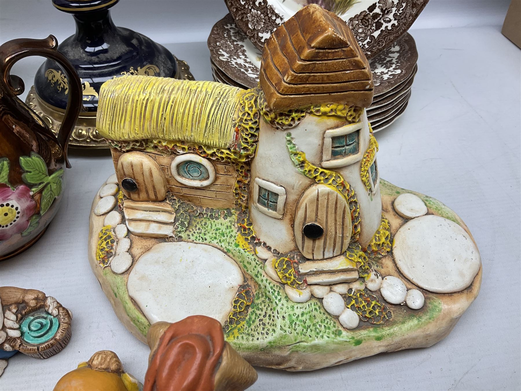 Sevres style vase and cover, the body of baluster form with scrolling gilt metal mounts printed with courting couple scene, together with copper lustre jug and quantity of Royal Worcester Palissy Game Series plates, quantity of Pendelfin figures etc, vase H44cm