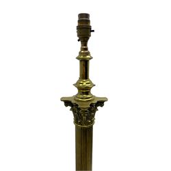 Late 20th century brass telescopic standard lamp in the form of a Corinthian column, Corinthian acanthus leaf capital over reeded shaft, stepped and moulded square base with four extending ball and claw feet