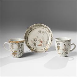 Chinese Yongzheng period coffee cups and saucer, painted in grisaille with figures in trad...