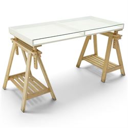IKEA - Vika Gruvan trestle table, glass and white top raised on beech adjustable supports
