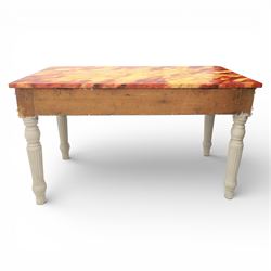 A pair of 19th century style pine console tables, with rectangular simulated marble top over a painted frieze, raised on fluted and turned tapering legs
