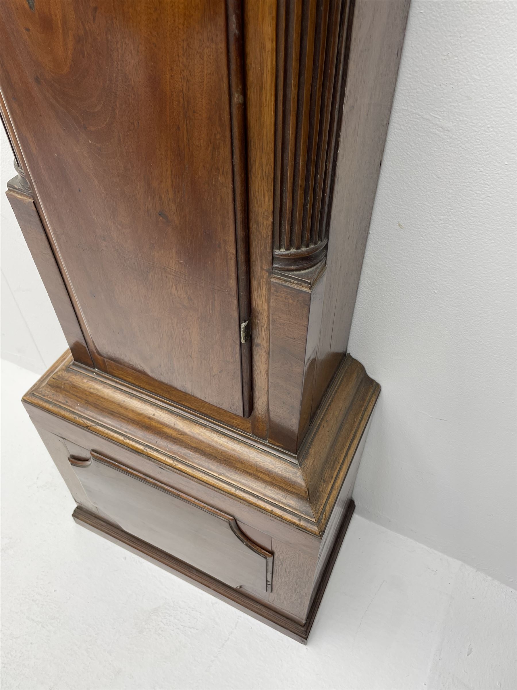 Late 18th century clock movement and dial, square brass dial with Arabic and Roman chapter ring signed 'Thos. (Thomas) Johnston, Dublin', with subsidiary seconds dial and calendar aperture, the dial set with ornate mask cast spandrels, twin train eight day movement striking on bell, with anchor escapement (34.5cm x 34.5cm, 13 1/2