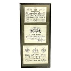 Framed display of three trade gun case labels for Joseph Lang & Son, Henry Atkin and Stephen Grant & Sons, mounted in Hogarth style frame 56 x 25cm