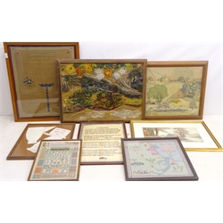  Victorian and later needlework pictures & samplers comprising 'The Honourable Emanuel Swedenborg's Rules of Life' 42cm x 50cm,  sample of stitch work by Alice Watkin aged 13 1879, Art Deco needlework landscape picture and others (8)  