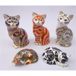  Five Royal Crown Derby Cat paperweights: Majestic Cat, limited edition 137/3500, Cat Nip Kitten, Collectors Guild Exclusive, Misty and two other seated cats, gold stoppers (5)   