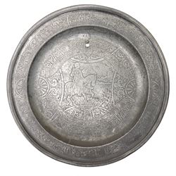 17th/18th century pewter dish, probably continental, engraved with hunting scenes, stags h...