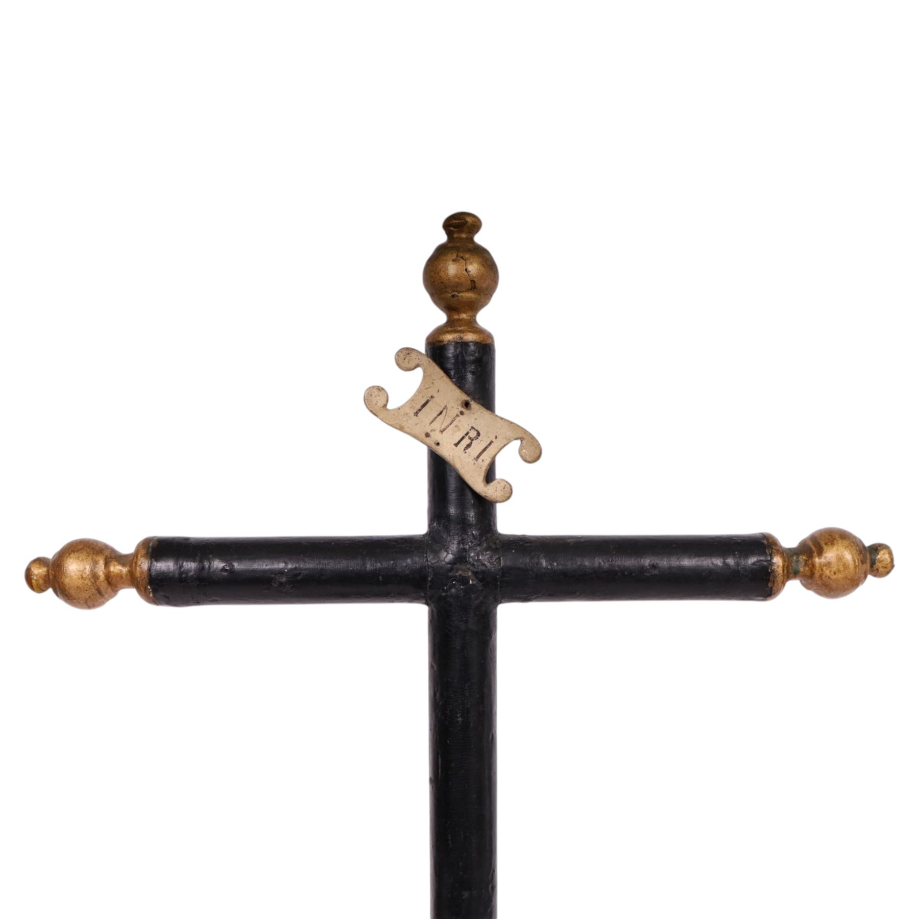 19th century black lacquered crucifix, with gilt detail upon a stepped base, H88cm   