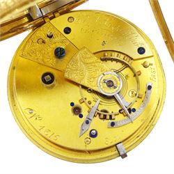 Victorian 18ct gold open face fusee lever pocket watch by E & J Seiger Brothers, Greenock, No. 4315, gilt dial with Roman numeral hour markers and subsidiary seconds dial, case with engraved decoration makers mark JY, London 1872