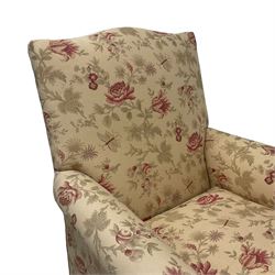 Peter Dudgeon - Georgian design mahogany framed armchair, shaped cresting rail over sprung back and seat flanked by rolled arms, upholstered in floral patterned fabric with matching seat cushion, on square supports joined by stretchers
Provenance: From the Estate of the late Dowager Lady St Oswald