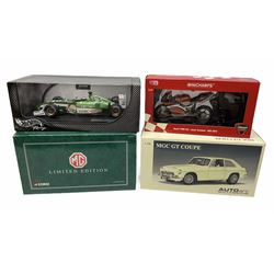 Three 1:18 scale die-cast model cars - AUTOart Millenium MGC GT Coupe, Corgi limited edition 1963 MGB Roadster with stand and Hot Wheels Racing Jaguar R3 Eddie Irvine Formula 1 racing car; together with a 1:14 scale Minichamps Ducati 998R FO2 WSB 2003 James Toseland motorcycle; all boxed (4)