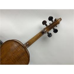 Late 19th/early 20th German three-quarter size violin with 33cm two-piece maple back and ribs and spruce top L54.5cm overall; modern Chinese student's violin with two bows; and small banjolele; all cased (3)