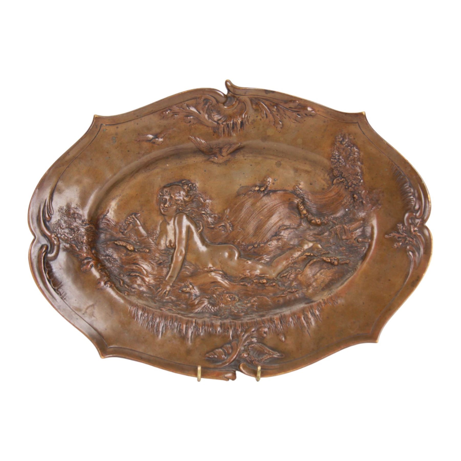 After Charles George Ferville-Suan (French 1847-1925), Art Nouveau bronze dish, of shaped oval form, the centre decorated with a nude female figure reclining amidst waves and holding fish within one hand, in the manner of August Ledru, marked Ferville Suan, W35.5cm
