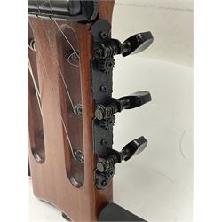 Aria Sinsonido mahogany electric travel guitar, serial no.0502385 L86cm; in original gig bag with earphones and GM11 Minituner; together with Fender Sidekick Reverb 25 amplifier and Marshall MG Series 15DFX amplifier (3)