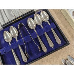 Silver spoon, silver handled cake slice and a silver handled knife, together with a collection of silver plated cutlery 