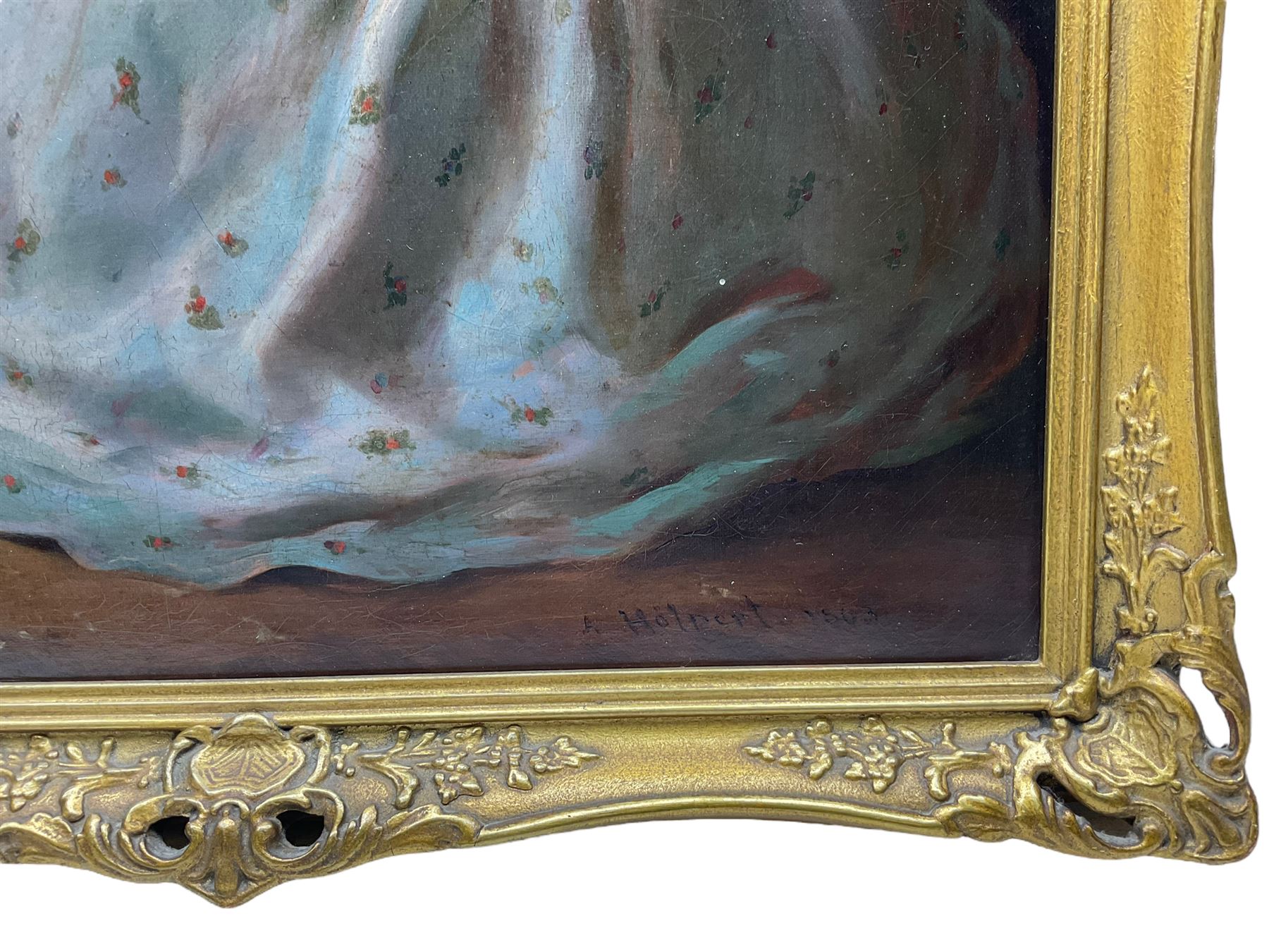 Anton Hölperl (Czech/Austrian 1820-1888): Girls Spinning, Embroidering and Grinding Coffee in Traditional Gowns, set three oils on canvas signed and dated 1863, 57cm x 43cm (3)