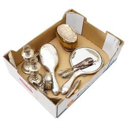 Quantity of silver items including brushes, mirror, pair of candlesticks, ring box etc