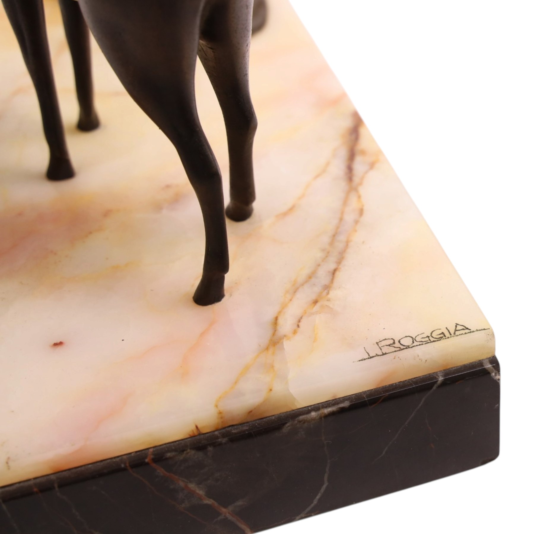 Art Deco painted spelter figure group, a lady and two deer, upon a rectangular marble base, signed Roggia, H44cm