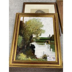 John Lamonby (Late 20th century) after Jean Baptiste Camille Corot (French 1796-1875): The Reader by the Wooded Bank, oil on canvas, signed titled and dated 1987 verso; Peter Davey (British 20th century): 'The Well of Église Saint André', watercolour signed, titled verso; English School (20th century): Girl Sewing, watercolour unsigned; English (20th century): Portrait of Boy in Profile, pencil drawing unsigned, max 51cm x 40cm (4)