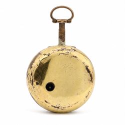 George III gilt pair cased verge fusee pocket watch by Thomas Lyon, London, No. 1902, engraved balance cock decorated with a mask, white enamel dial with Roman numerals and bull's eye glass