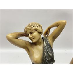 After Ferdinand Preiss (1882-1943), pair of Art Deco style, composite semi nude classical female figures, raised on circular onyx bases, H21cm