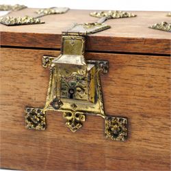 Late 19th/ early 20th century gothic brass bound box L27cm, early to mid 20th century African oil on board, possibly Republic of the Congo, indistinctly signed, together with a watercolour of Rome by Lucy Rice, signed (3)