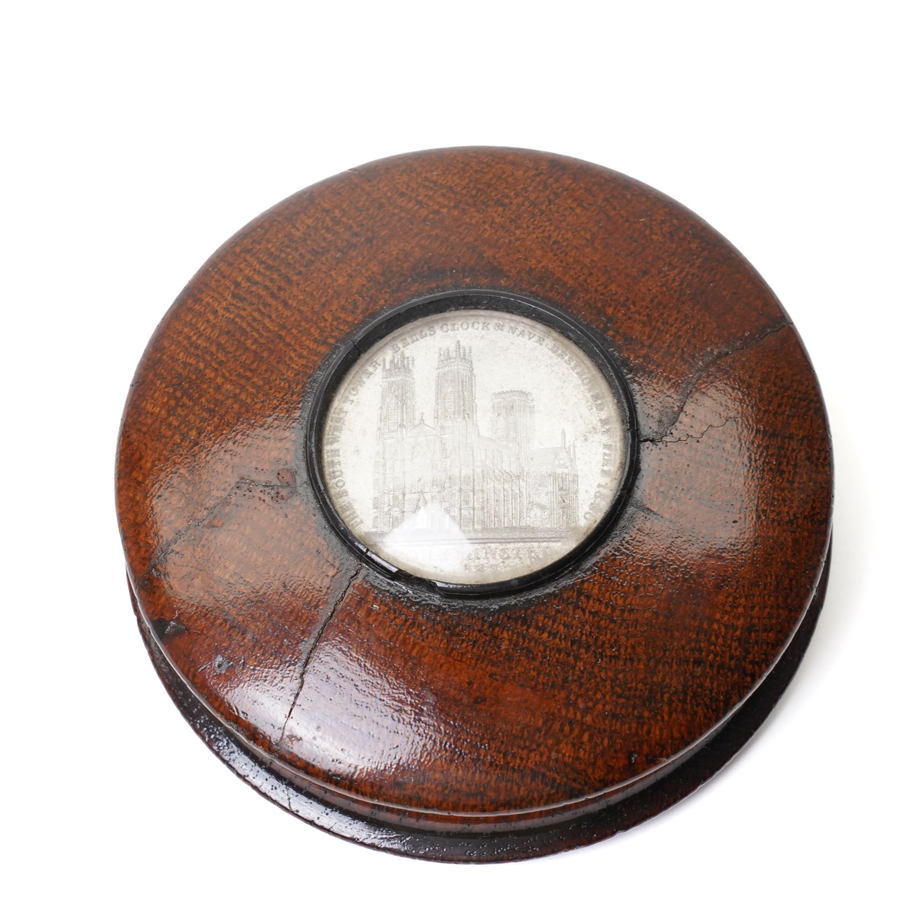 York Minster - 19th century commemorative wooden box the circular cover inset with a medallion of York Minster 1829, the reverse inscribed 'The Choir of York Minster destroyed by Fire Febry 2nd 1829' D10.5cm