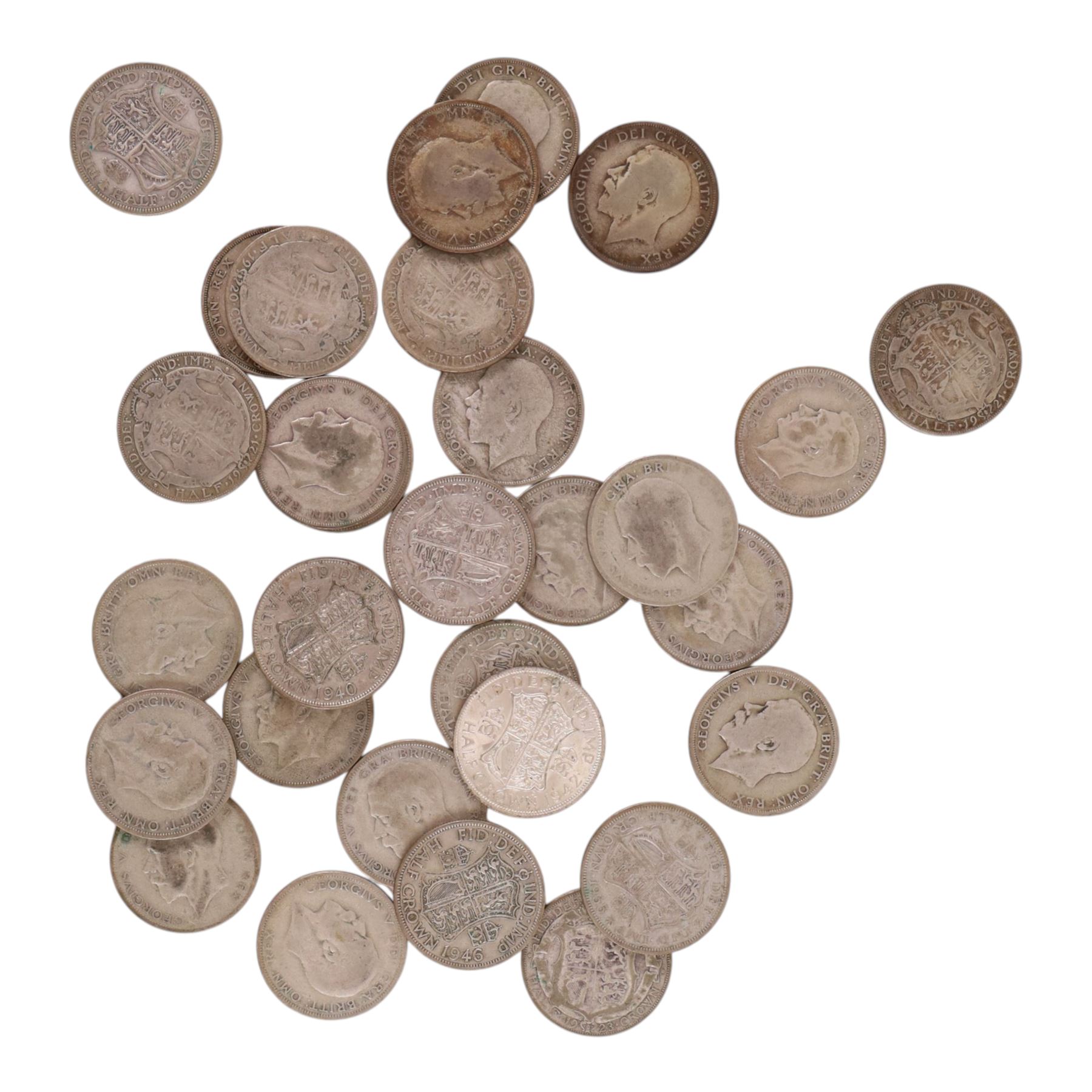 Thirty Great British pre-1947 silver half crown coins