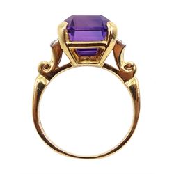 Gold amethyst and four stone diamond ring, stamped 14K