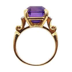 Gold amethyst and four stone diamond ring, stamped 14K