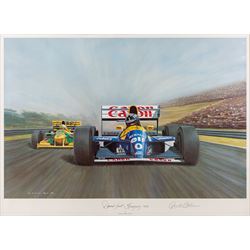 After Gerald Davison Coulson (British 1926-2012): ‘The Flying Scotsman’ and ‘Damon’s First – Hungary 1993’, together with Alan Fearnley (Yorkshire 1942-): ‘Alan Jones’ and Tony Smith (British 20th Century): ‘Damon’s Dream’, set of four limited edition Formula 1 themed prints signed and two signed by drivers David Coulthard and Alan Jones in pencil max 40cm x 61cm (4)