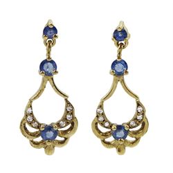 Pair of 9ct gold sapphire and diamond pendant earrings, hallmarked 
