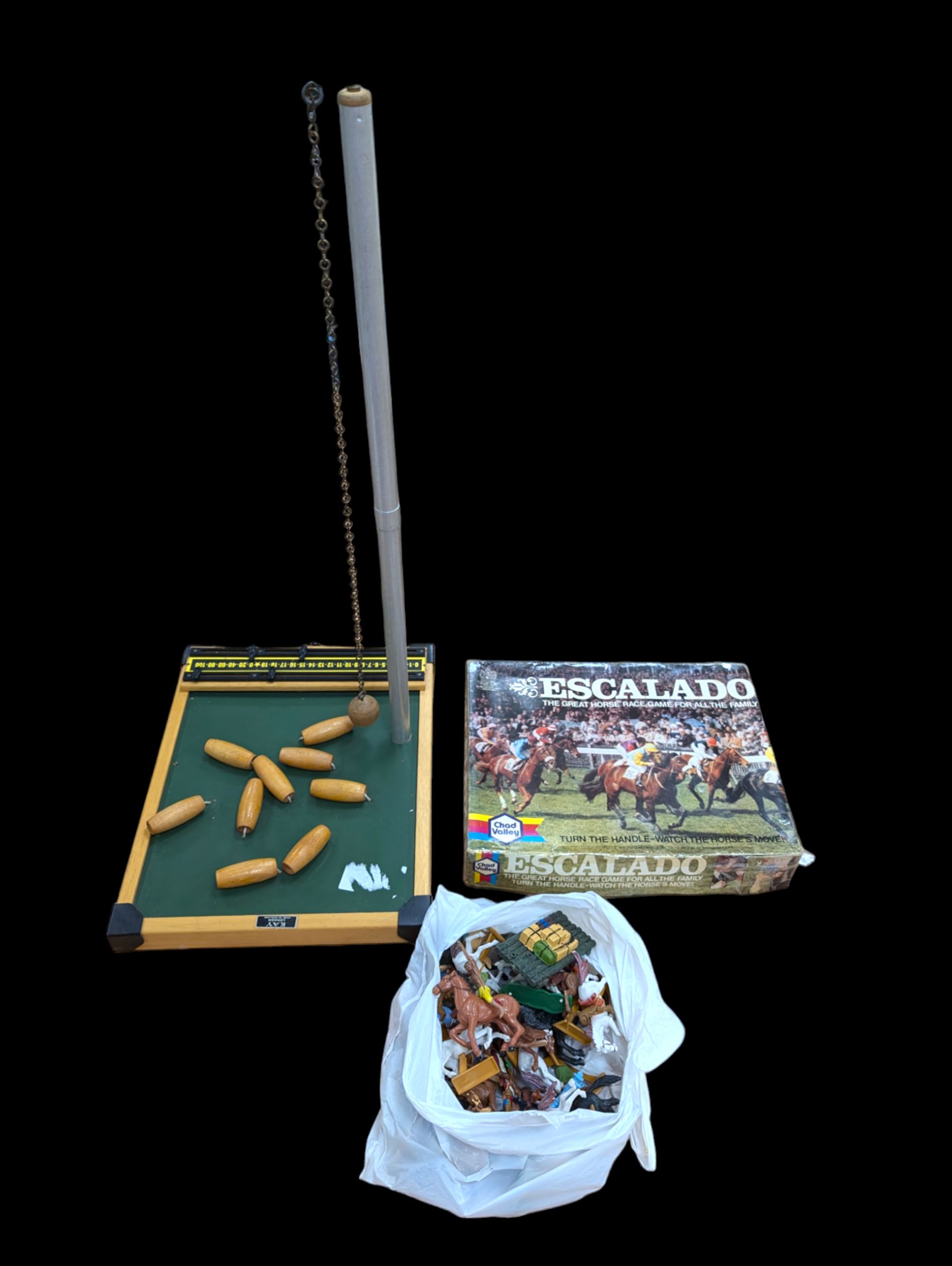 Kay of London table top skittles game, collection of plastic toy figures including Britains examples and a boxed Chad Valley Escaldo game