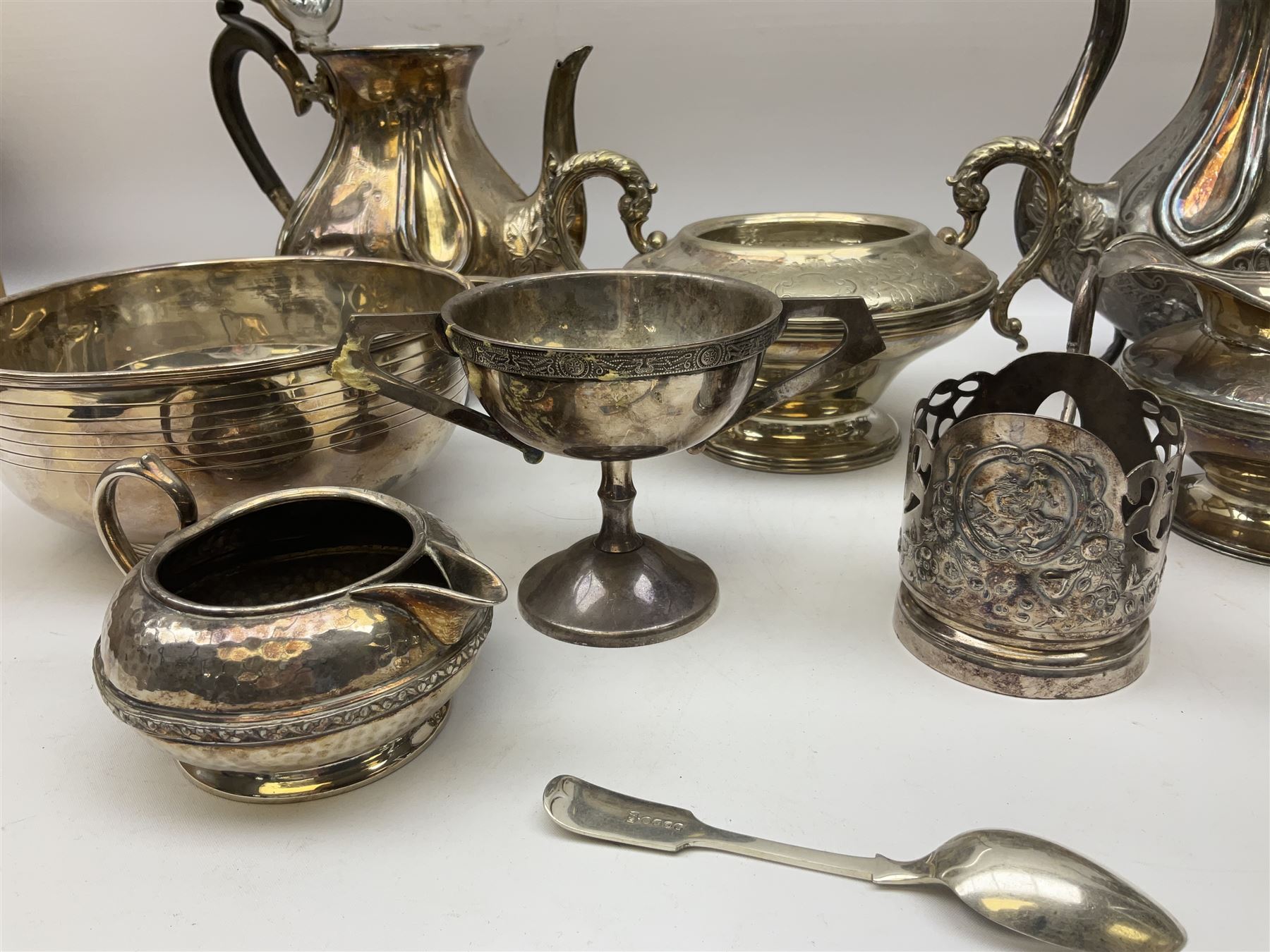 Twin handled silver plated bowl retailed by Harrods, together with two 19th century coffee pots, pewter milk jug and other metalware   