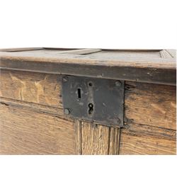 Small 18th century oak blanket box, all-round panelling, hinged lid, wrought metal hinges