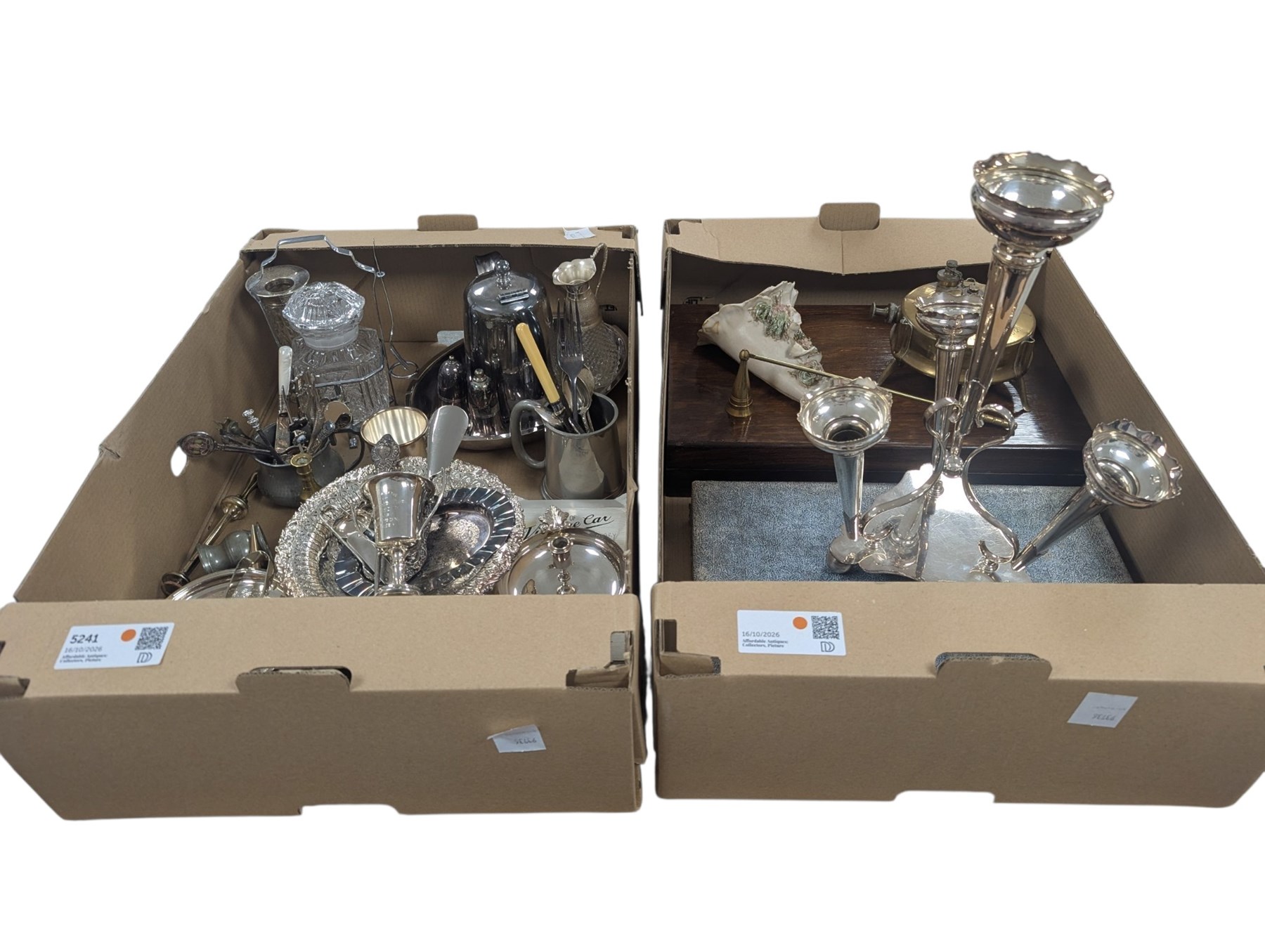 Small collection of silver comprising trophy, fruit knife, spoon, sugar tongs and silver handled hook and shoe horn, together with a silverplated epergne and other metalware