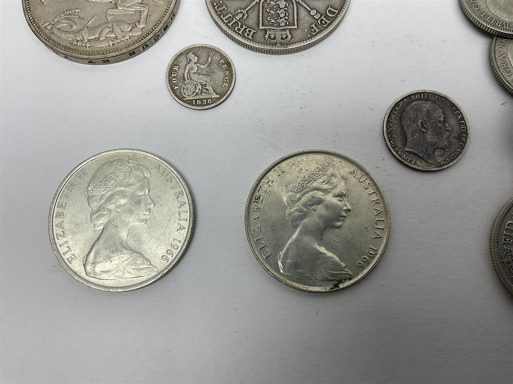 William IIII 1836 fourpence coin, Queen Victoria 1890 double florin, King Edward VII 1904 sixpence, approximately 370 grams of Great British pre 1947 silver coins including King George V 1935 crown and two Queen Elizabeth II Australia 1966 silver fifty cent coins 