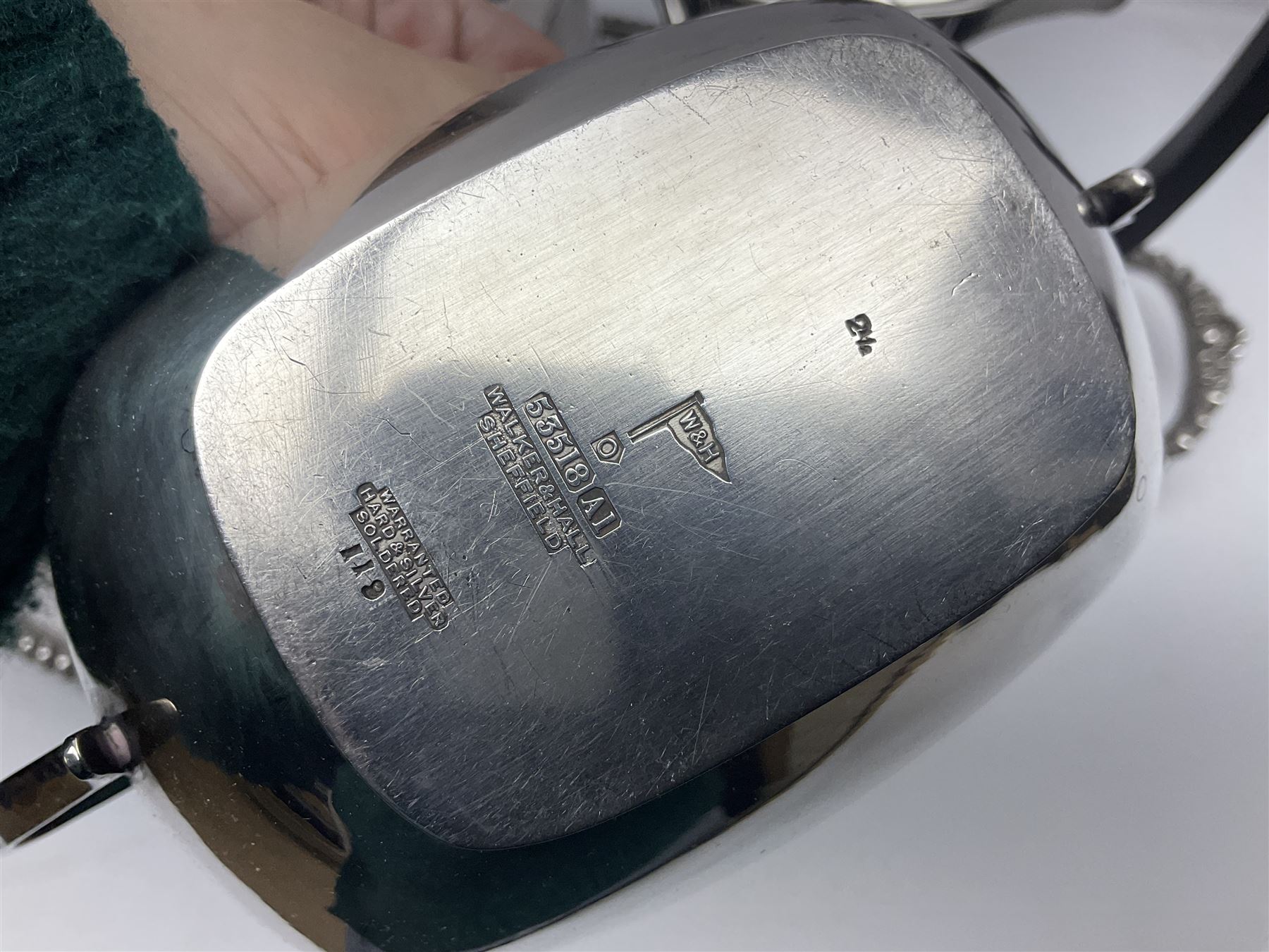 Walker and Hall silver plated tea set, comprising coffee pot, teapot, milk jug and sucrier, together with silver plated tray and a wooden clock with barley twist decoration, clock H28cm